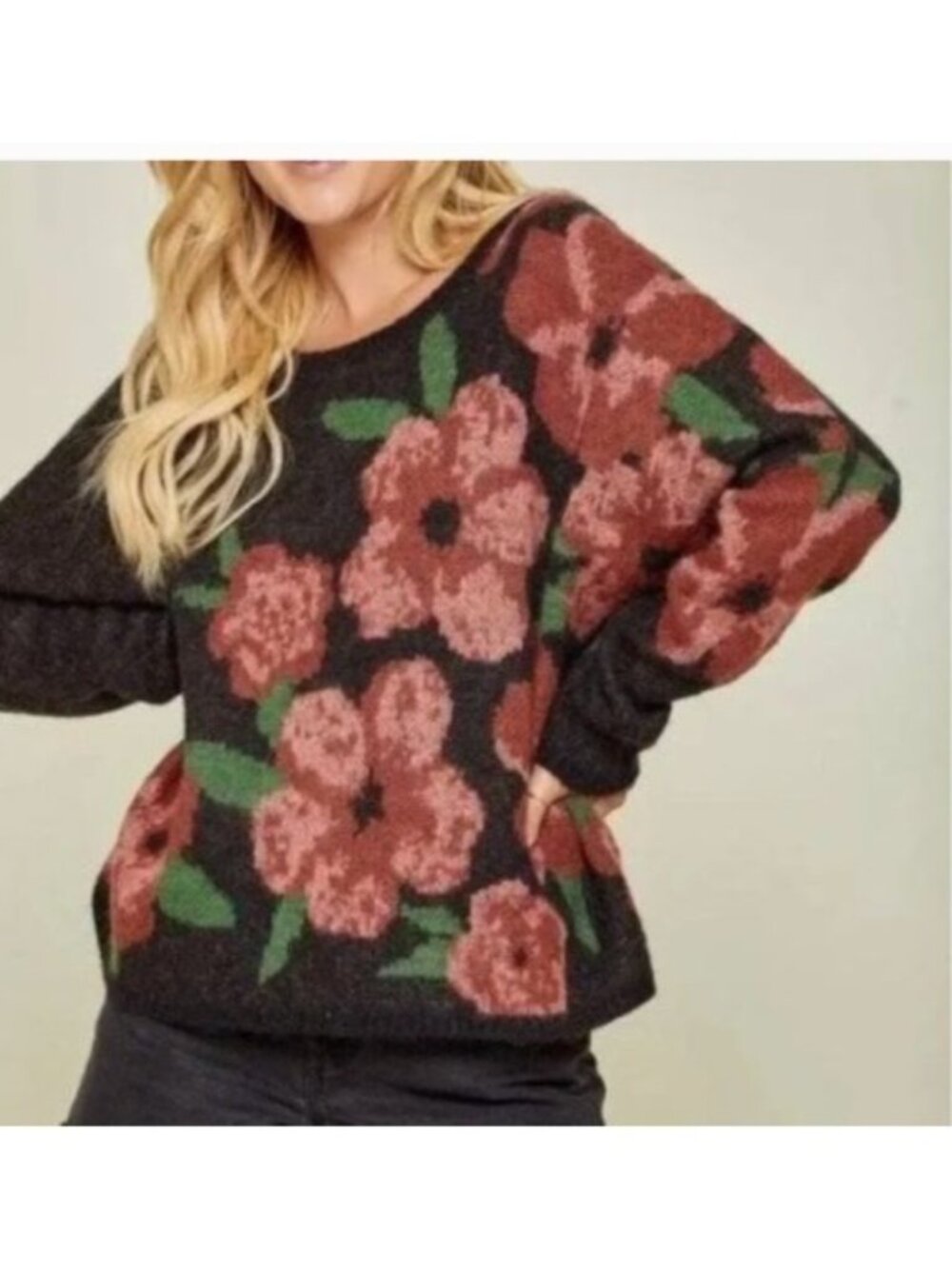 Andree By Unit Floral Sweater Black Flowers Size Medium oversized wool blend